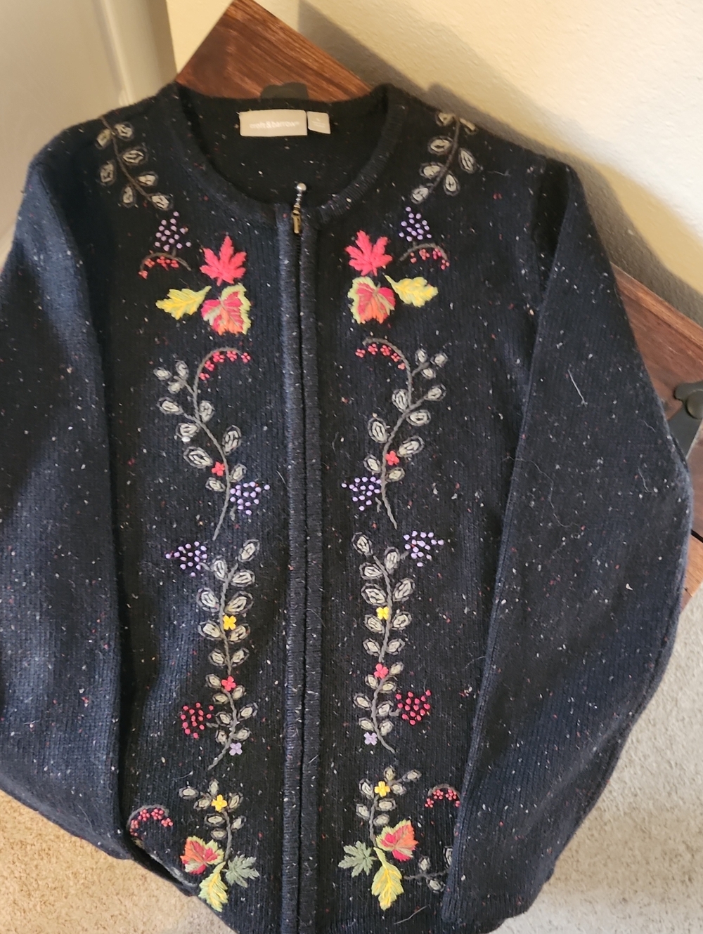 Vintage 90s Y2K Croft & Barrow Fall Charcoal Embroidered Zip Sweater Jacket Sz L